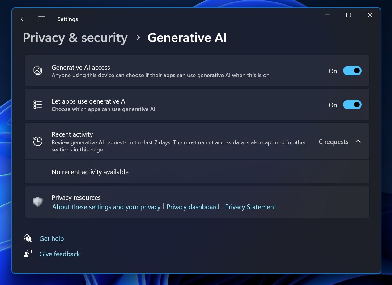 تنظیمات جدید generative ai privacy در قناری ویندوز 11 - چیکاو