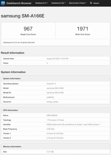 Samsung Galaxy A16 5G نسخه بین المللی Geekbench - چیکاو