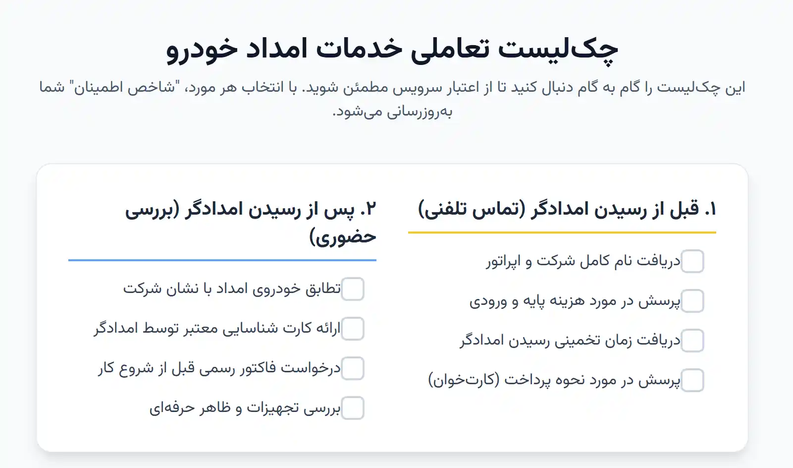 چک لیست امداد خودرو معتبر